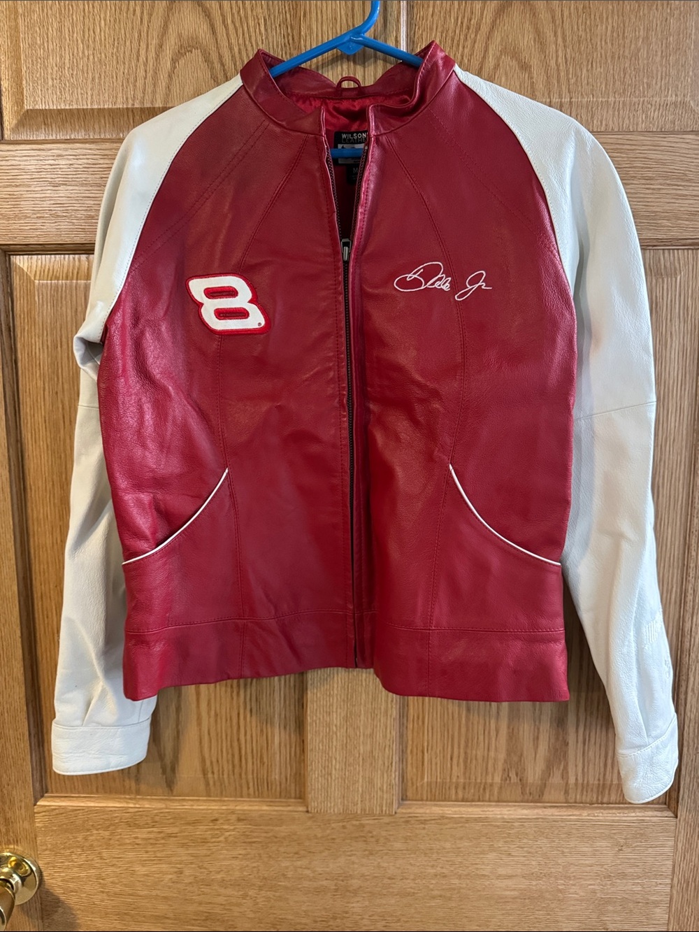 Red & White Leather Racer Jacket with Number 8 Patch